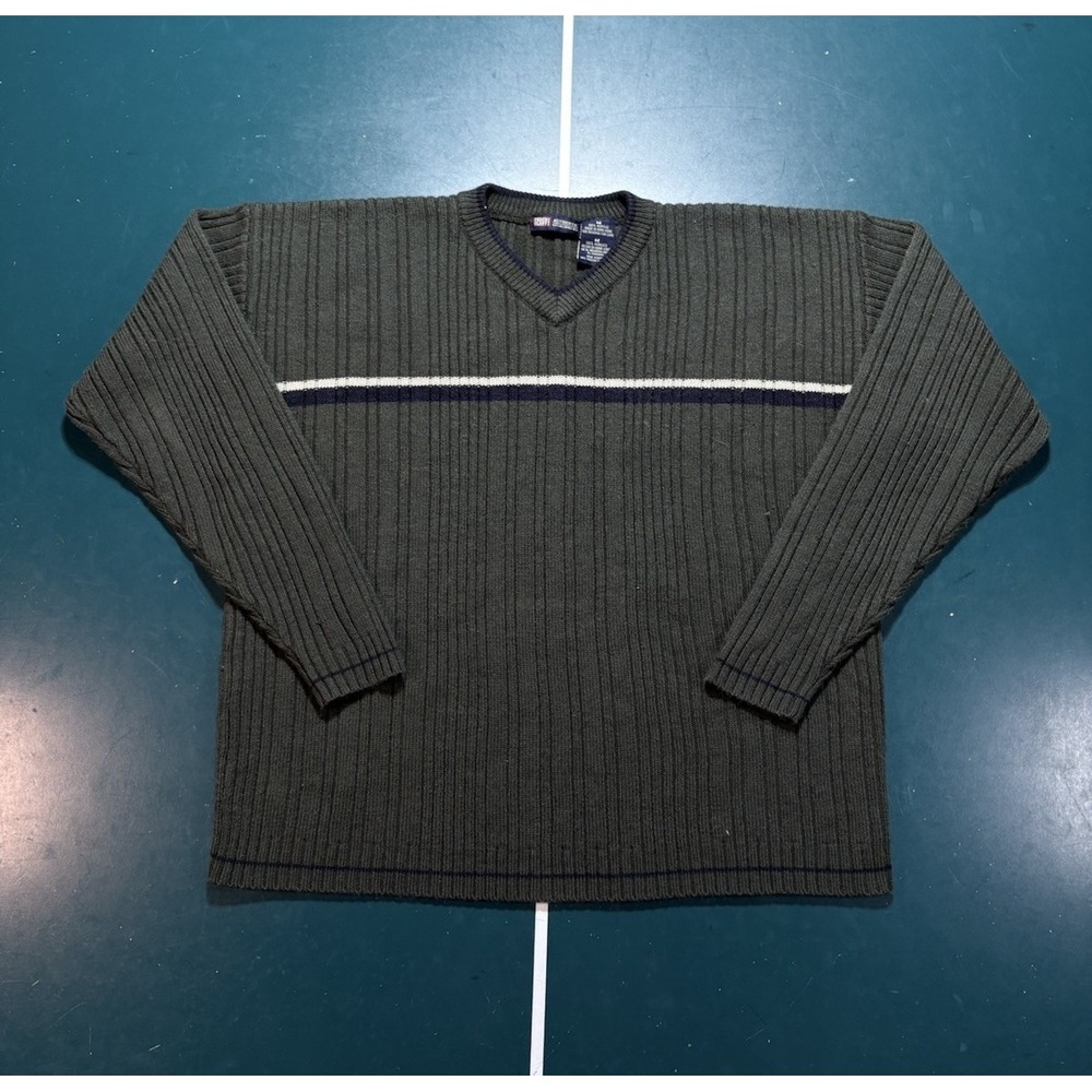 Vintage Chest Striped Crewneck Sweater Men's Medium Green Knit Skater Ribbed Y2K